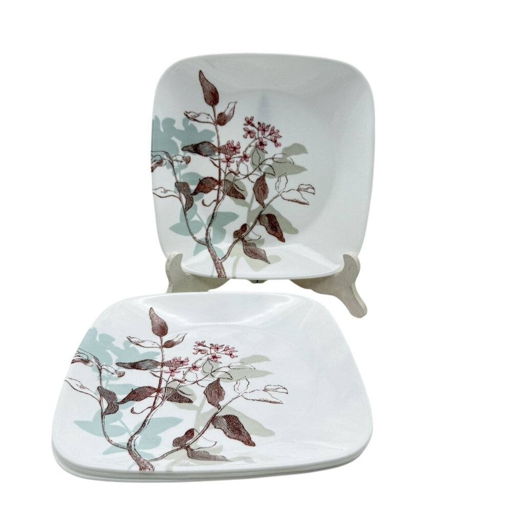 Corelle Twilight Grove Set 4 Square Luncheon Plates Green Floral Leaf USA 9 In - Picture 2 of 7